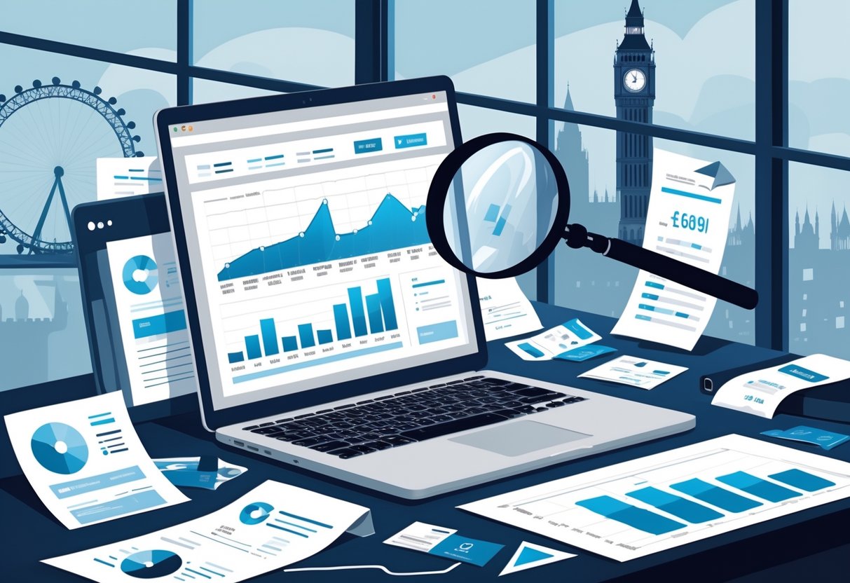 An office desk with a laptop showing animation work, surrounded by invoices, receipts, and charts, with a magnifying glass highlighting hidden fees, and UK landmarks visible through a window.