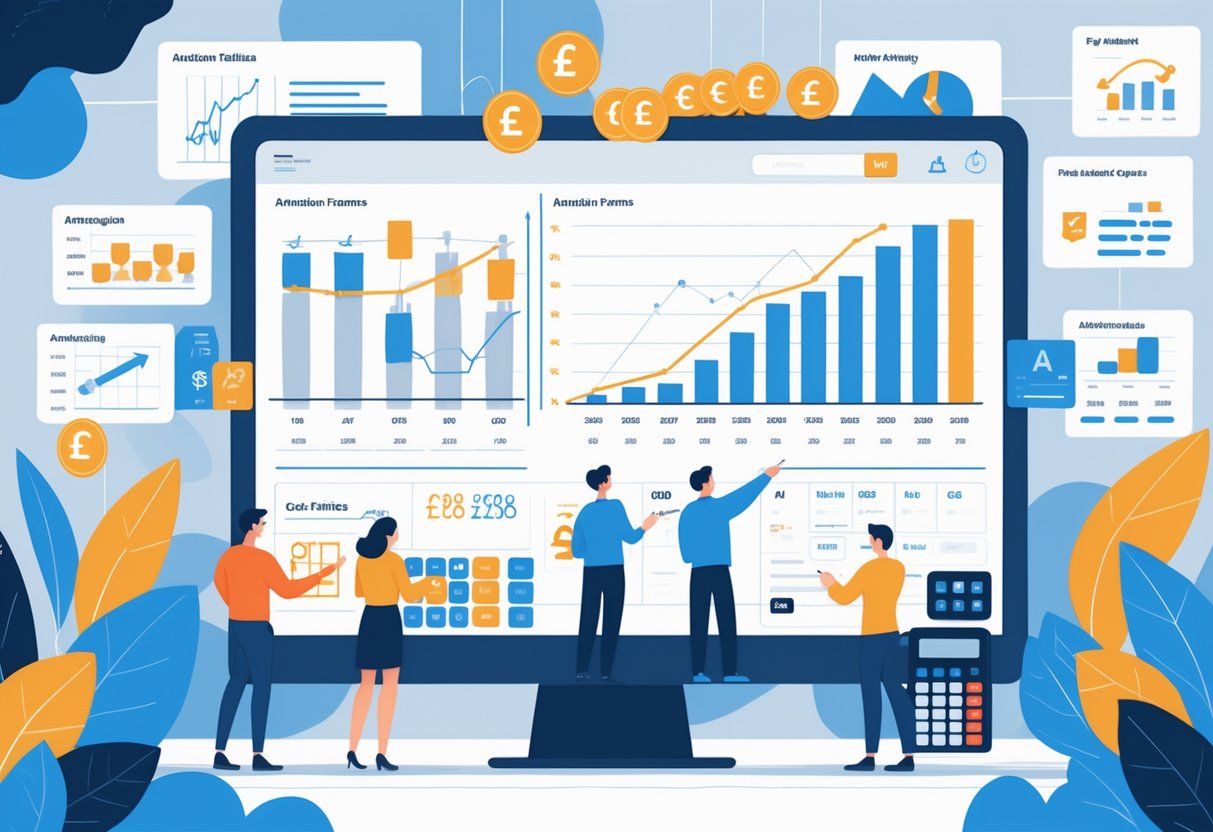 A team of people working together in an office with a large screen showing animation frames, charts, and British currency symbols related to animation cost calculation.