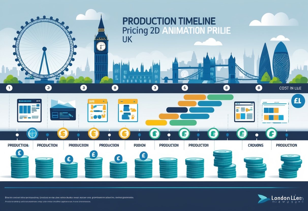 An illustration showing a production timeline with stages of 2D animation and visual indicators of their impact on cost, set against a backdrop featuring UK landmarks.