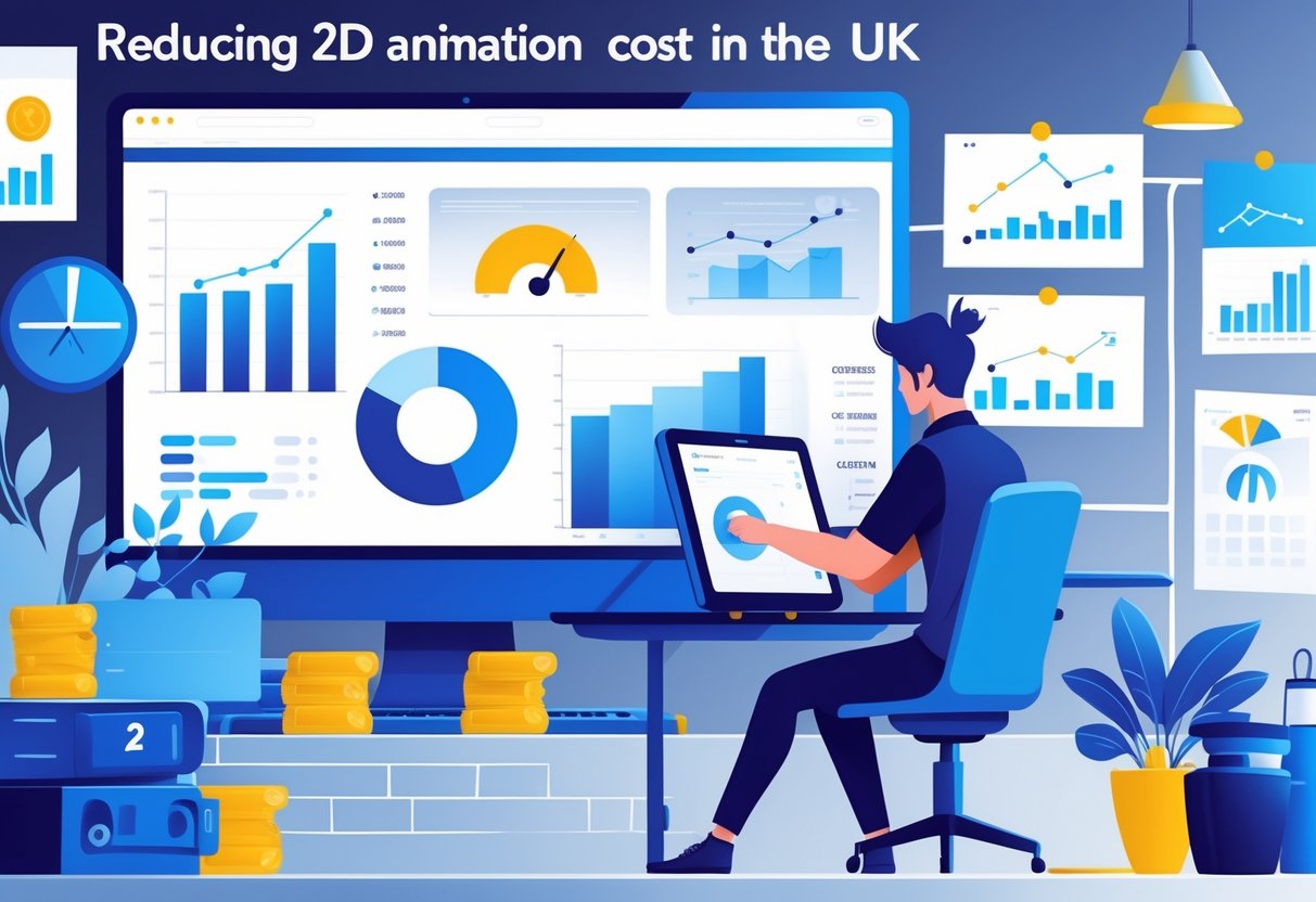 An animator working at a digital tablet in a creative workspace with charts on a computer screen and a London skyline in the background.