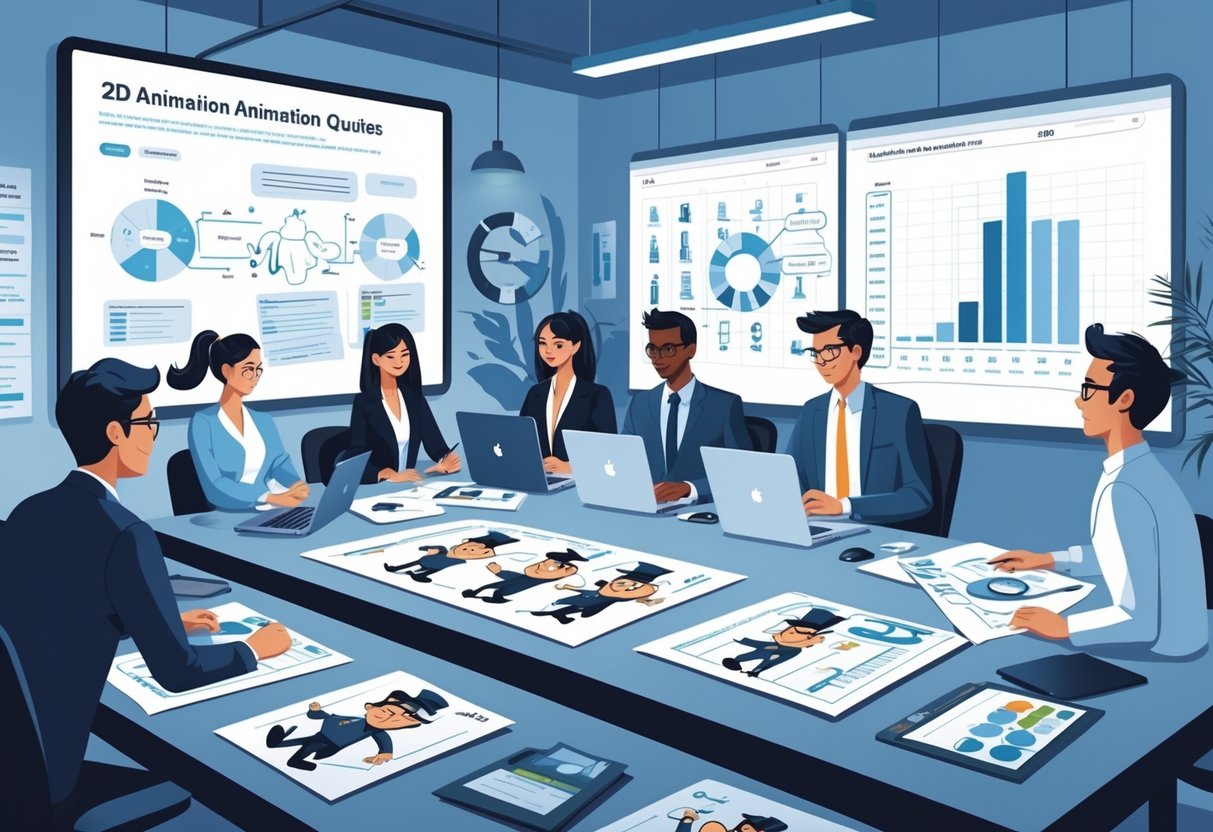 A group of professionals working together in an office with animation sketches, laptops showing pricing charts, and a whiteboard with project plans, with a view of London outside the window.
