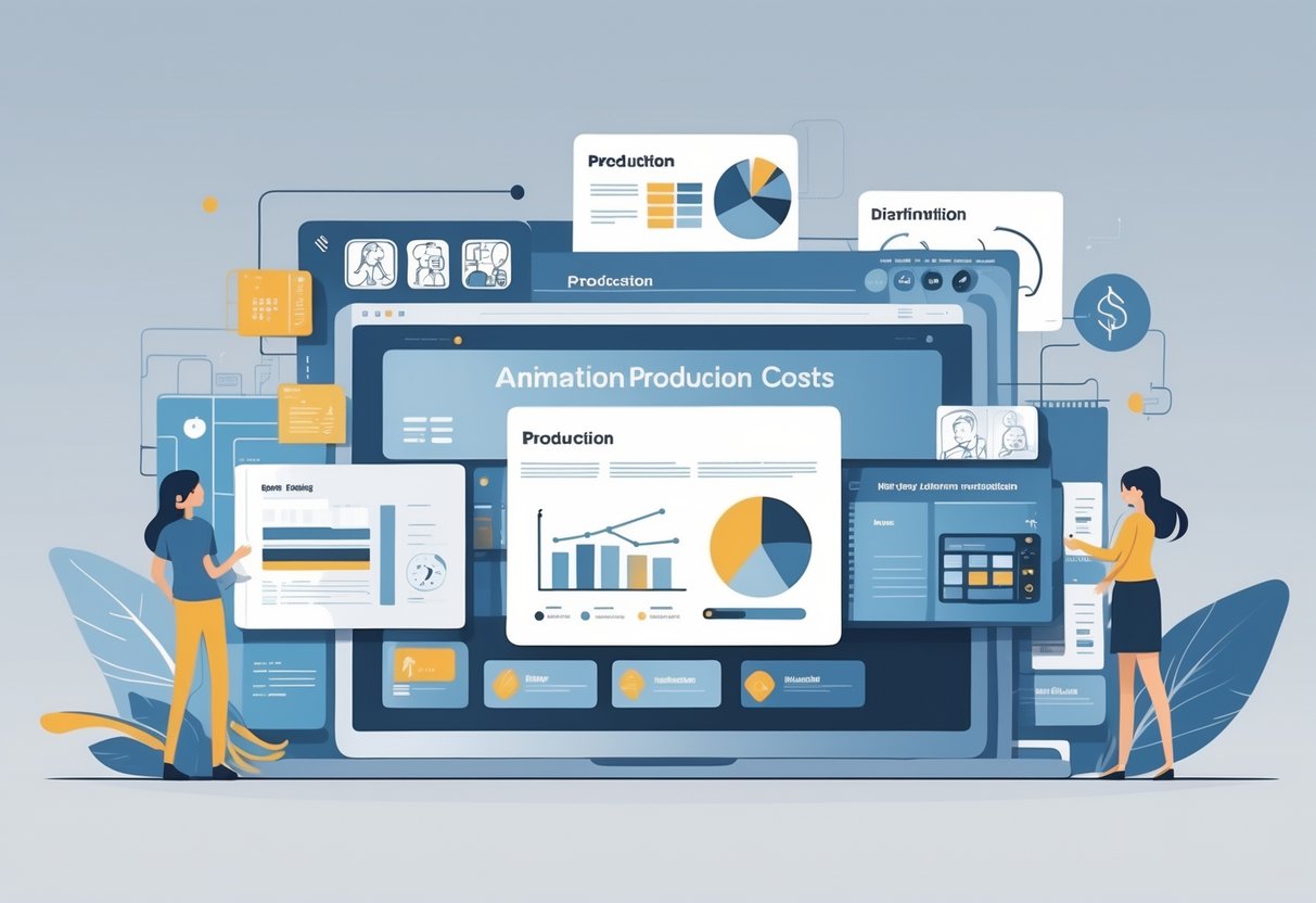 An infographic showing different stages of animation production with icons and charts representing cost breakdowns by phase.