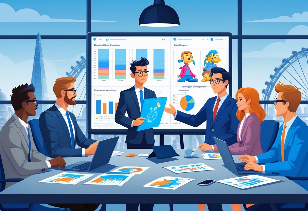 A group of professionals in a meeting room discussing animation project plans with charts and animated character sketches visible on a digital screen, with a view of London landmarks outside the window.