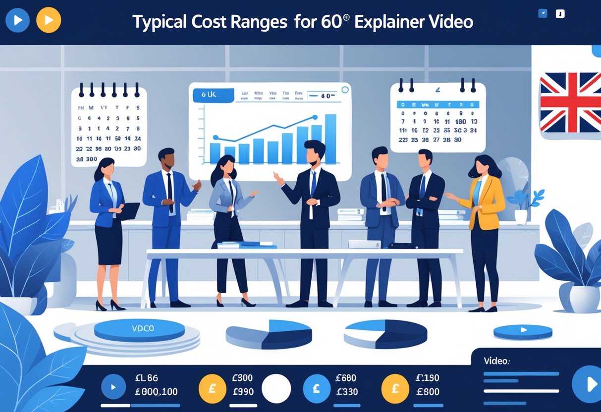 A group of professionals in an office discussing budget charts and video project details with UK-themed elements in the background.