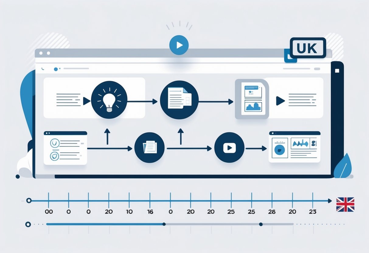 A flowchart showing five stages of producing a 60-second explainer video connected by arrows, with a timeline below indicating the duration of each stage and a small UK flag icon.