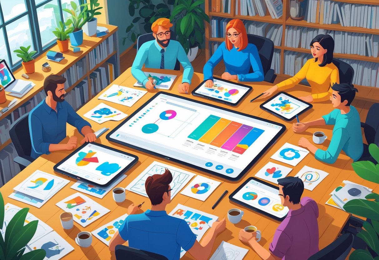 A group of designers working together around a table covered with animation sketches and digital devices in a bright office.