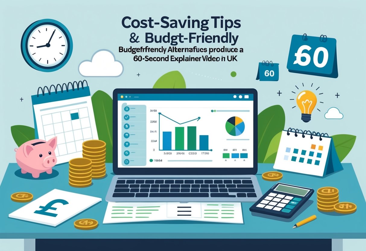 A desk with a laptop showing a video timeline, calculator, notepad, piggy bank, coins, and UK pound symbols representing budget planning for a 60-second explainer video.