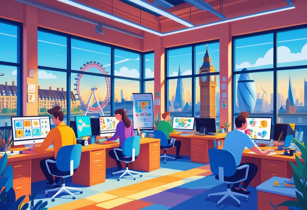 A busy animation studio with people working on computers and animation materials, with a city view showing UK landmarks in the background.