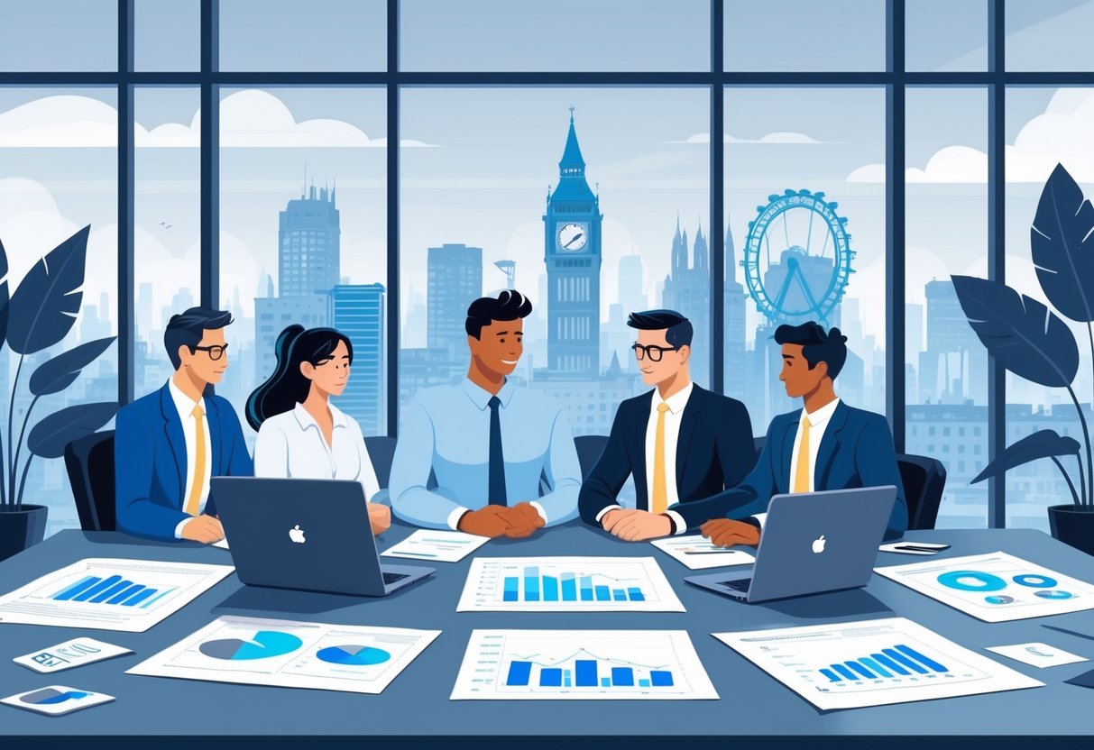 A group of professionals discussing documents and charts around a table in an office with a city view.