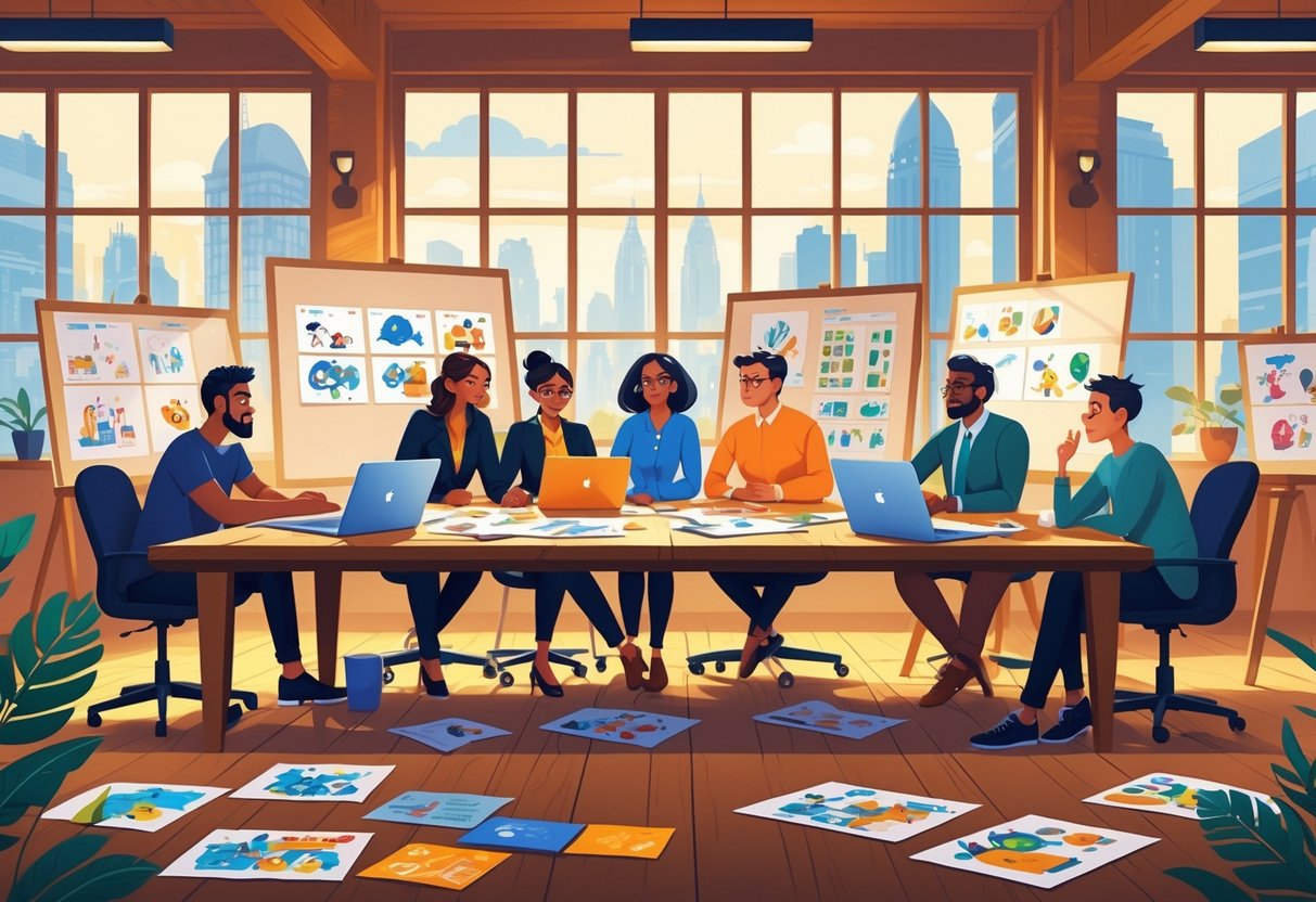 A group of animation professionals working together around a table filled with sketches and digital devices in a room overlooking a UK cityscape.