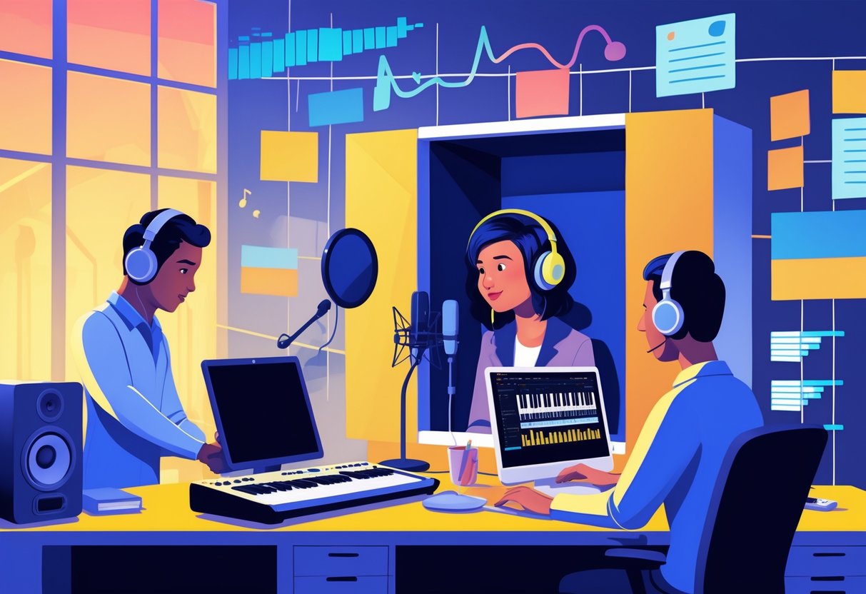 A recording studio with a sound engineer, a voice actor in a booth, and a composer working on music for an animation project.