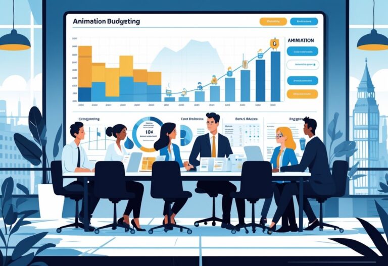 A group of business professionals working together around a table with charts and budget sheets, with a digital screen showing an animation project timeline and cost breakdowns, in an office with a view of the London cityscape.