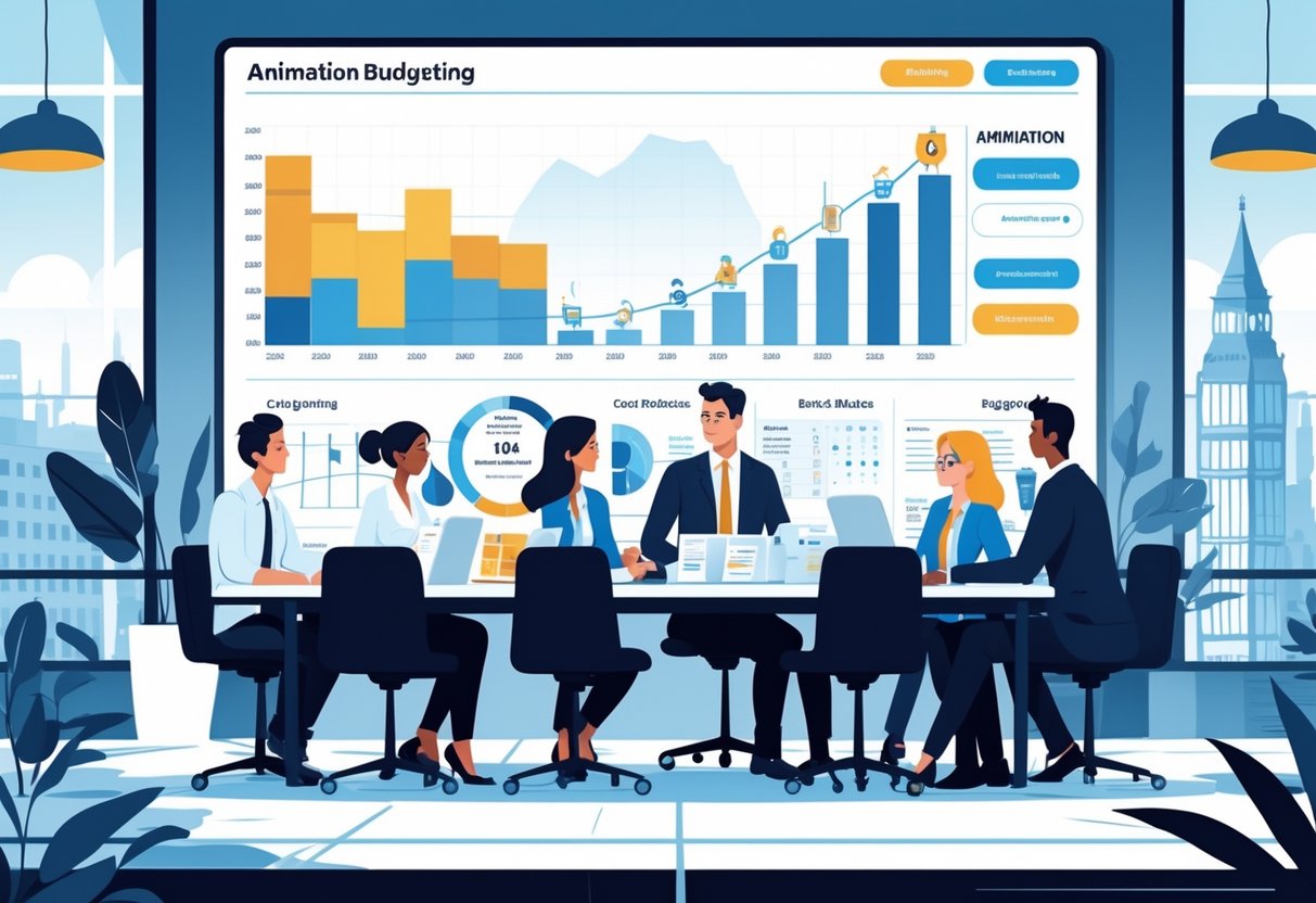 A group of business professionals working together around a table with charts and budget sheets, with a digital screen showing an animation project timeline and cost breakdowns, in an office with a view of the London cityscape.