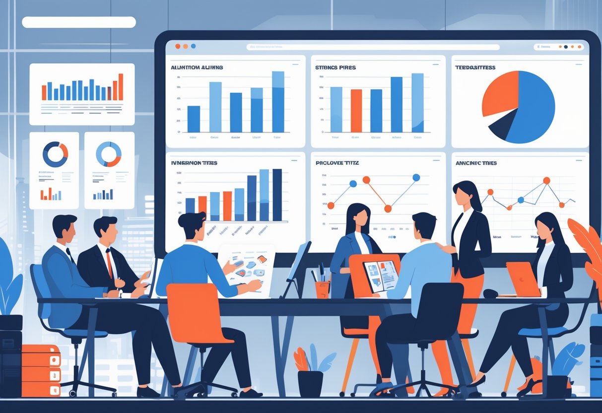 A group of business professionals and animators working together in an office with charts and graphs about budgeting and pricing, with a faint London skyline in the background.