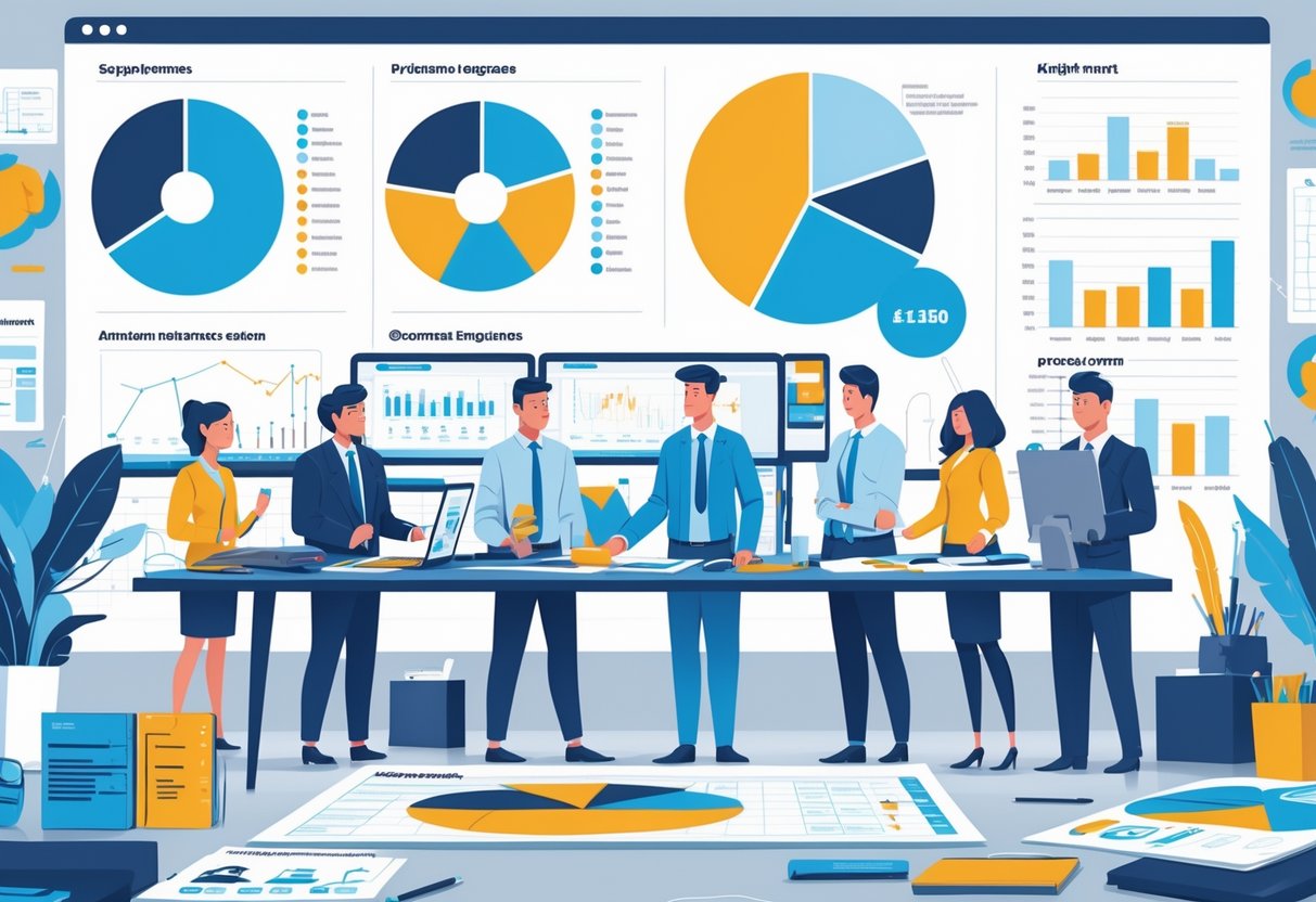 A group of business professionals and animators working together around a table with charts and animation materials, alongside a large infographic showing different cost categories.