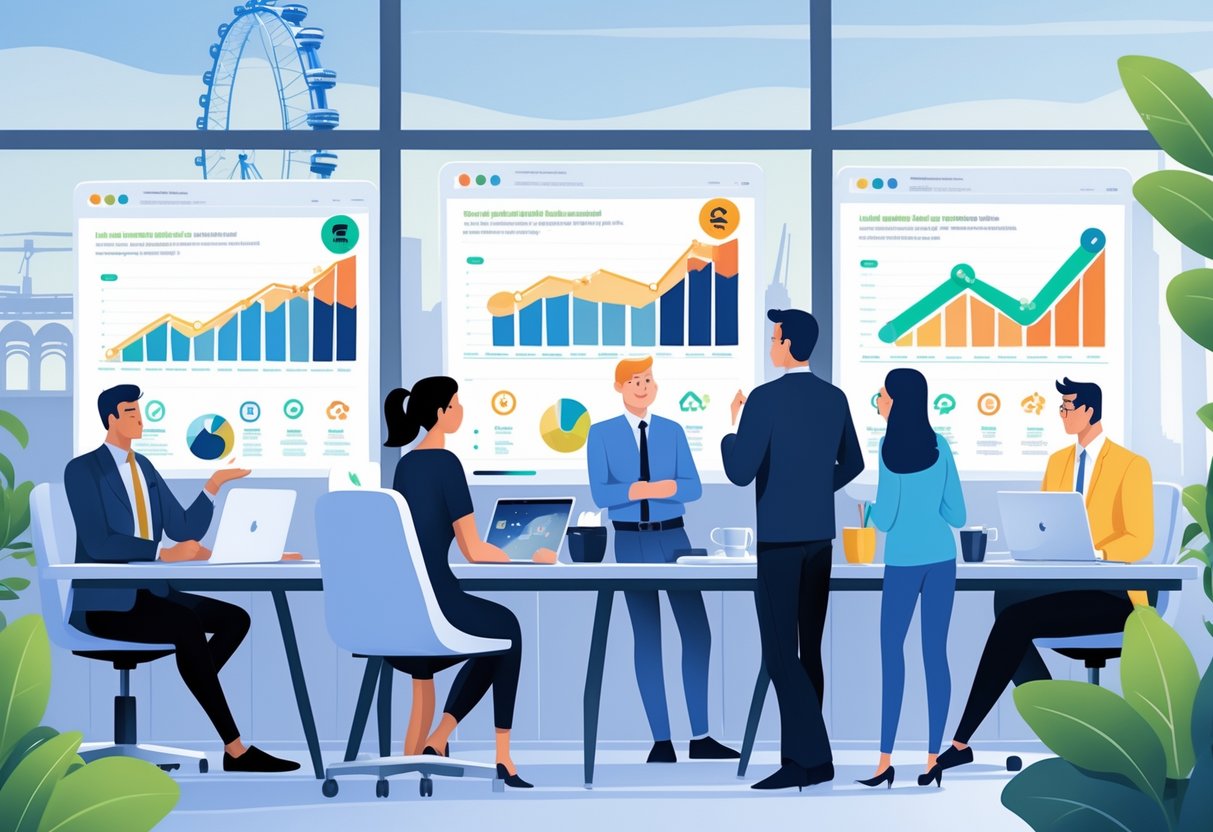 A group of professionals discussing animation pricing with charts and graphs displayed on screens in an office with UK landmarks visible through the window.