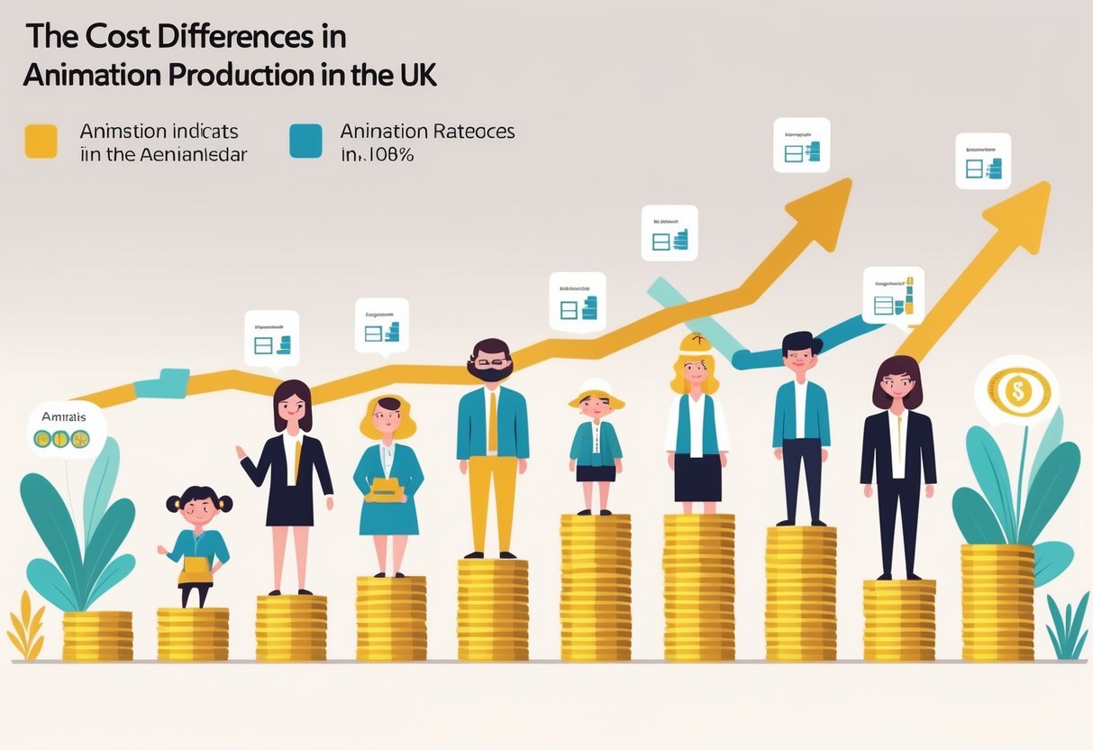 Illustration showing different animation styles represented by characters or icons with visual indicators of varying production costs arranged side by side.