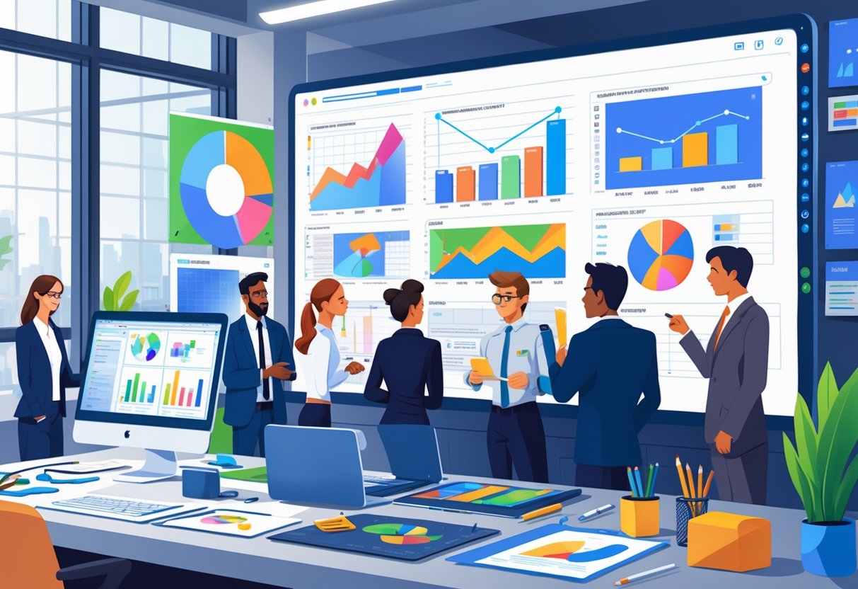 Business professionals collaborating around a digital screen showing animation-related charts and sketches in a modern office.