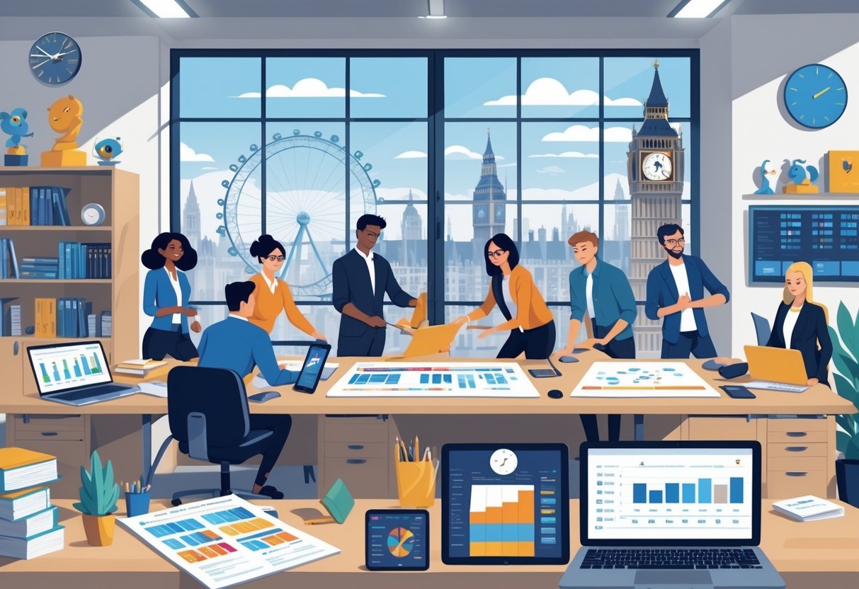 A group of professionals working together at a desk with animation materials and digital devices in a bright office overlooking a UK city skyline.