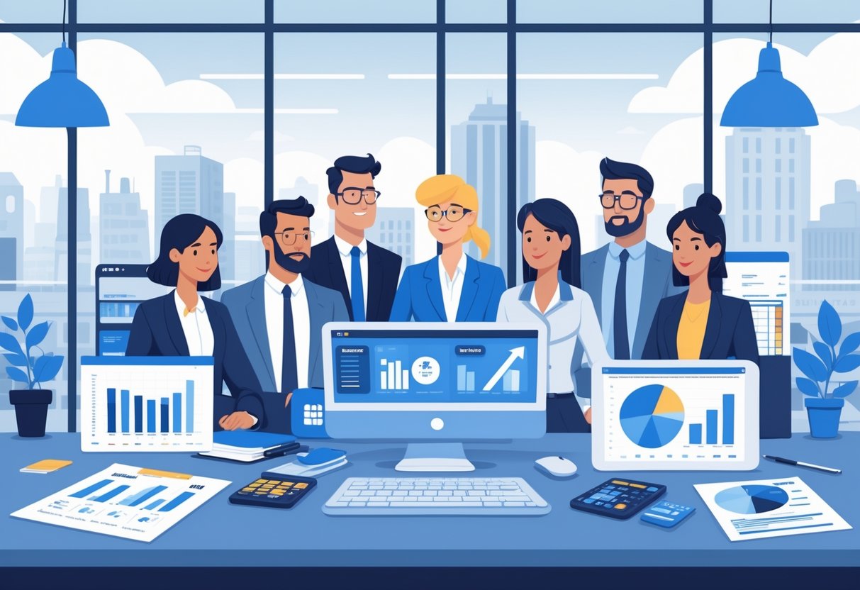 A group of professionals working together around a desk with financial documents and animation materials in a modern office with a view of London.