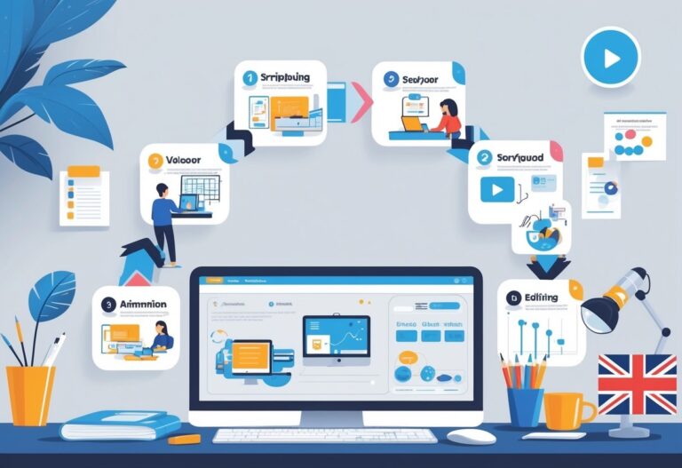 Illustration showing a step-by-step process of making explainer videos in the UK, including scriptwriting, storyboarding, voiceover recording, animation, editing, and final delivery.