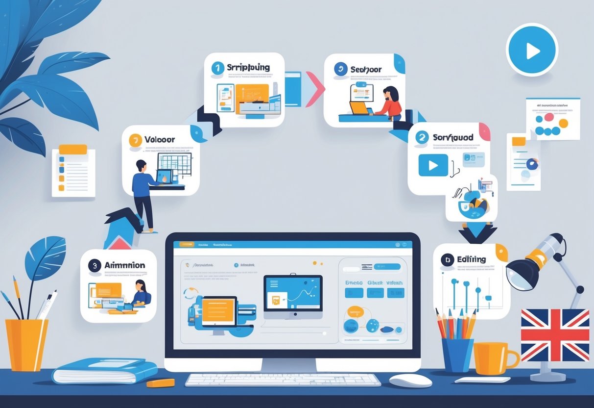 Illustration showing a step-by-step process of making explainer videos in the UK, including scriptwriting, storyboarding, voiceover recording, animation, editing, and final delivery.