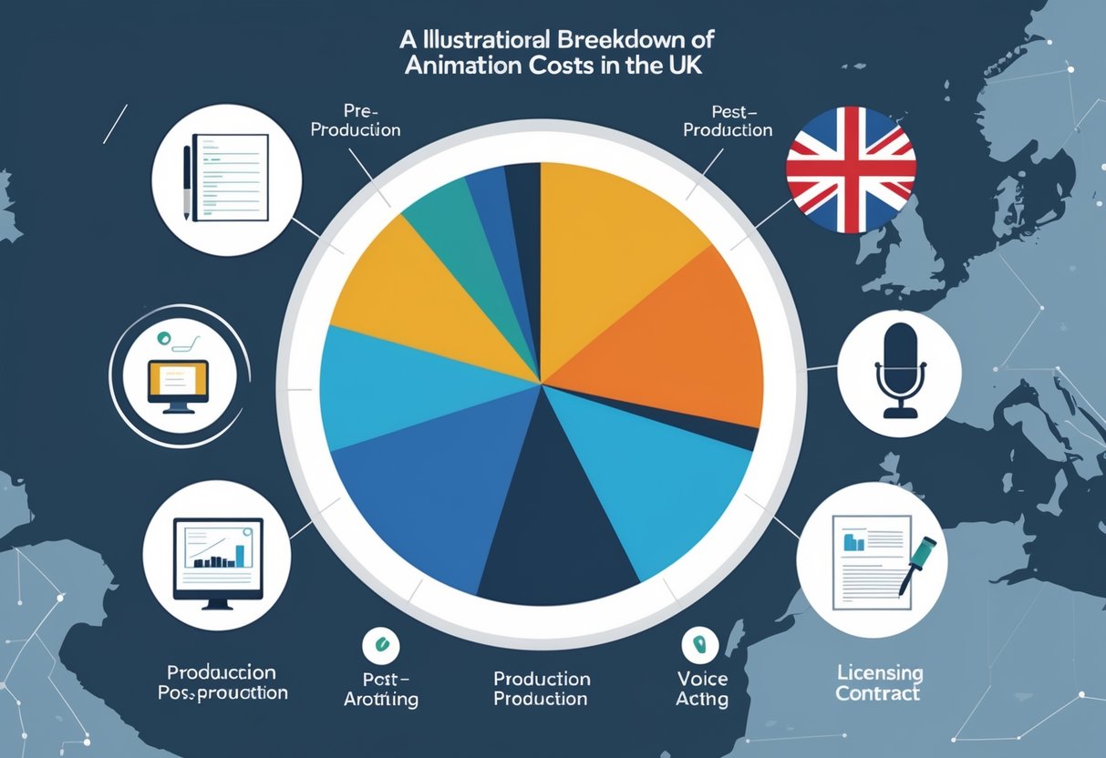 An infographic showing a breakdown of animation costs in the UK with coloured sections representing different cost categories and related icons around it.