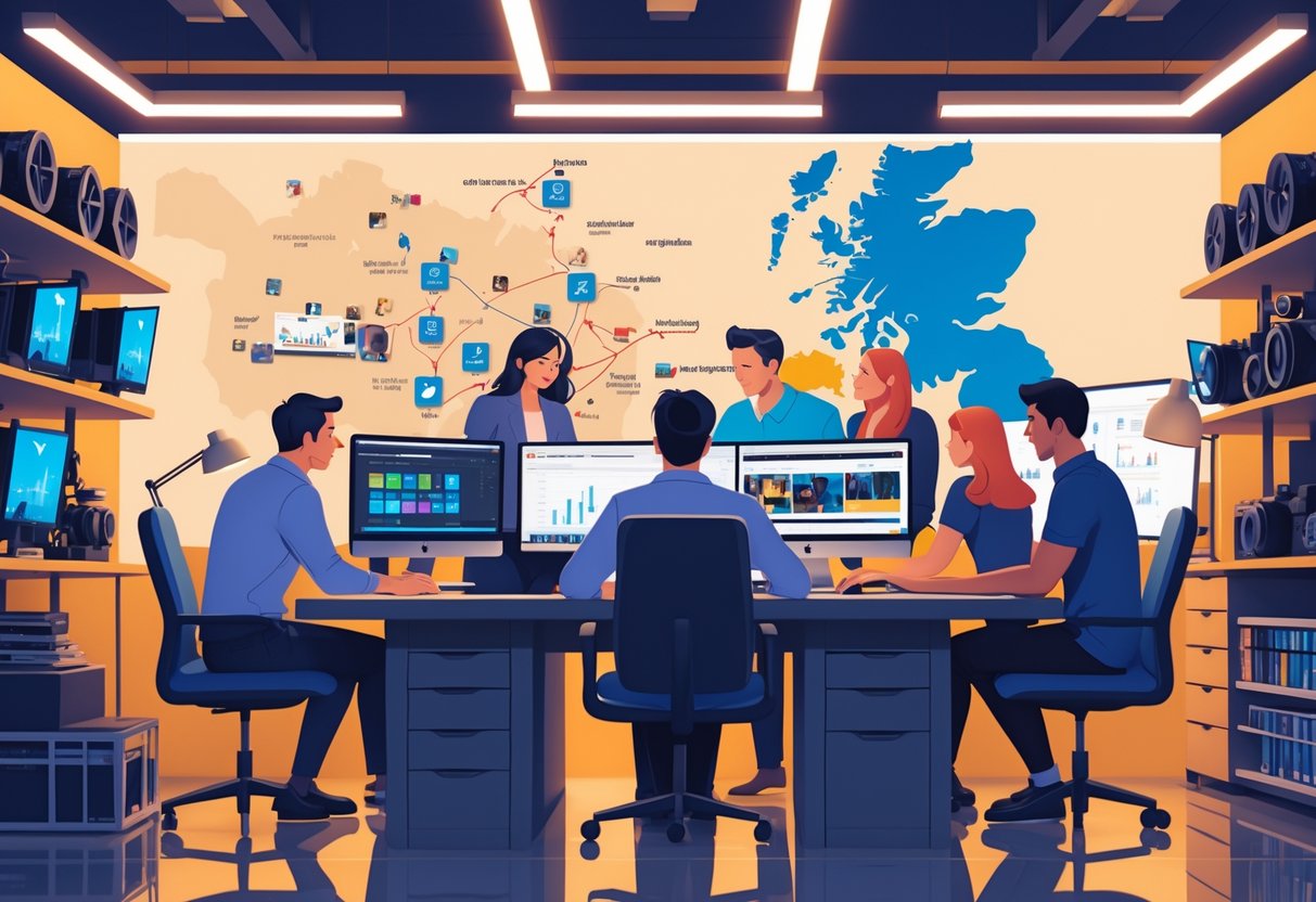 A team of creative professionals working together in a video production office with computers, cameras, and a map of the UK in the background.