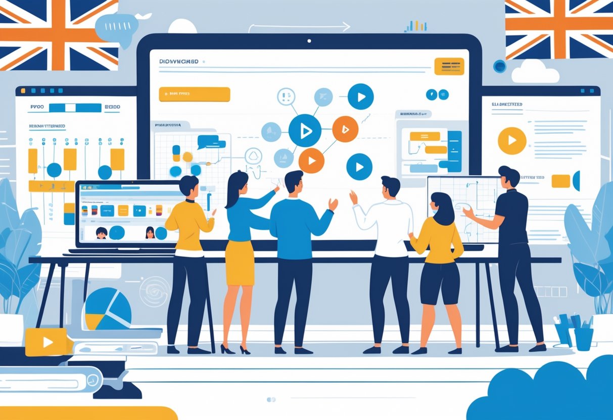 A team of creative professionals working together in an office with a digital screen showing a video storyboard, surrounded by video editing tools and multimedia icons.