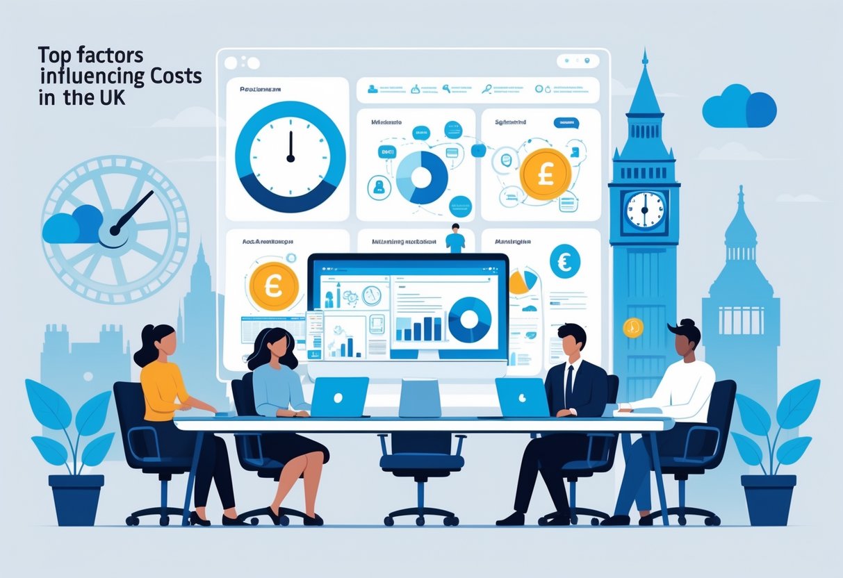 An office scene with a team discussing animation cost factors shown as icons on a transparent board, with UK landmarks in the background.