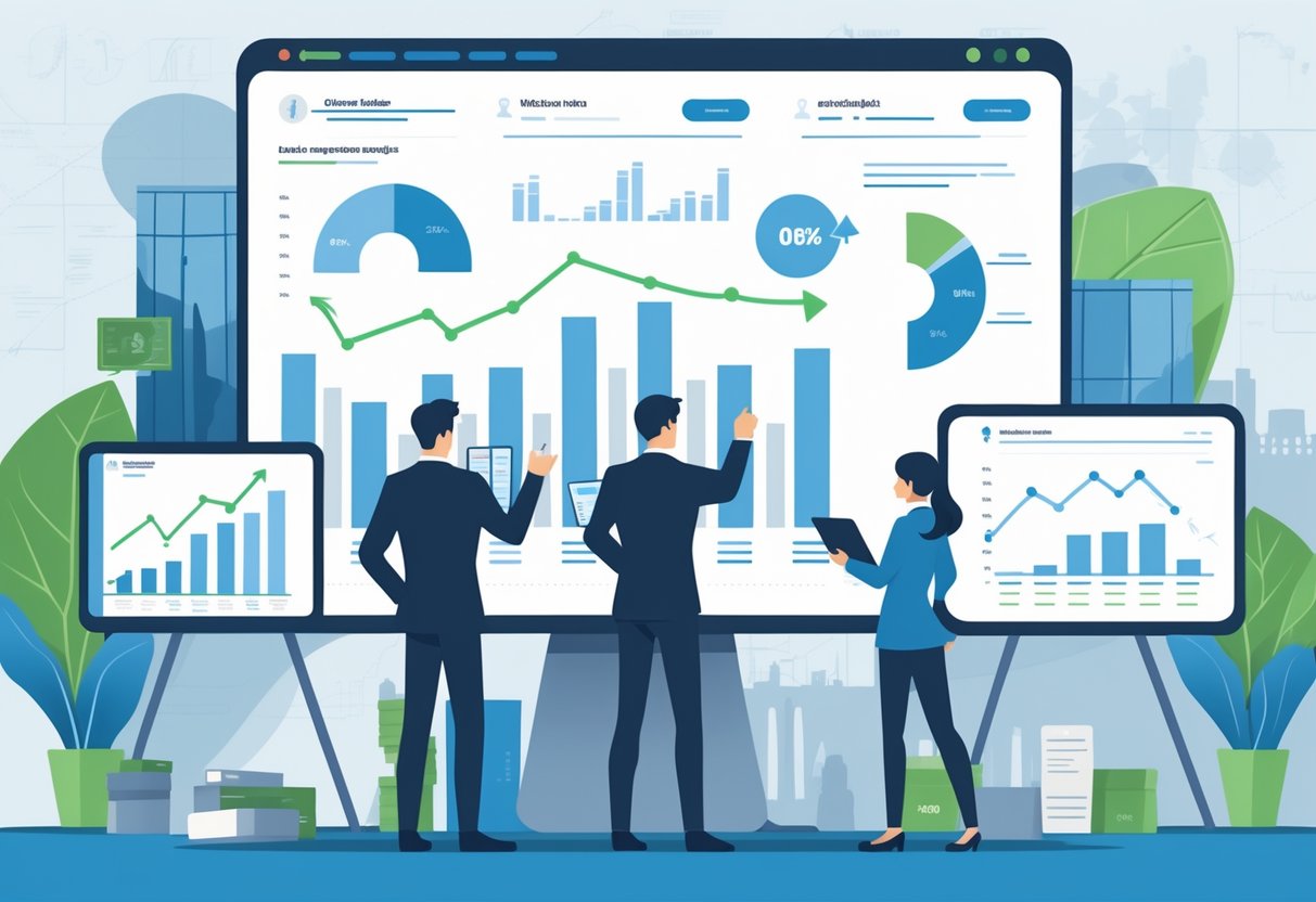 Business professionals reviewing financial charts and graphs in an office setting, illustrating investment growth and value for UK businesses.