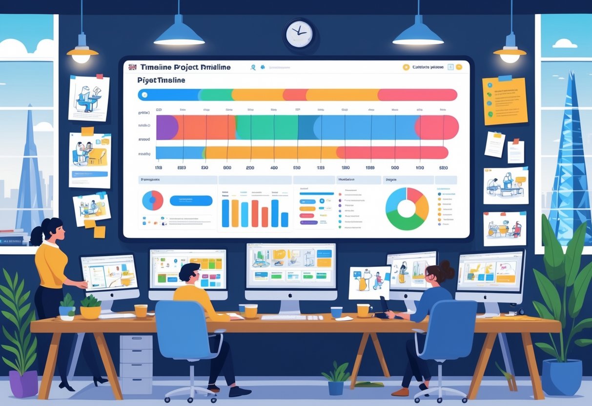 A group of creative professionals working together in a UK animation studio with digital screens showing a project timeline and animation sketches around them.