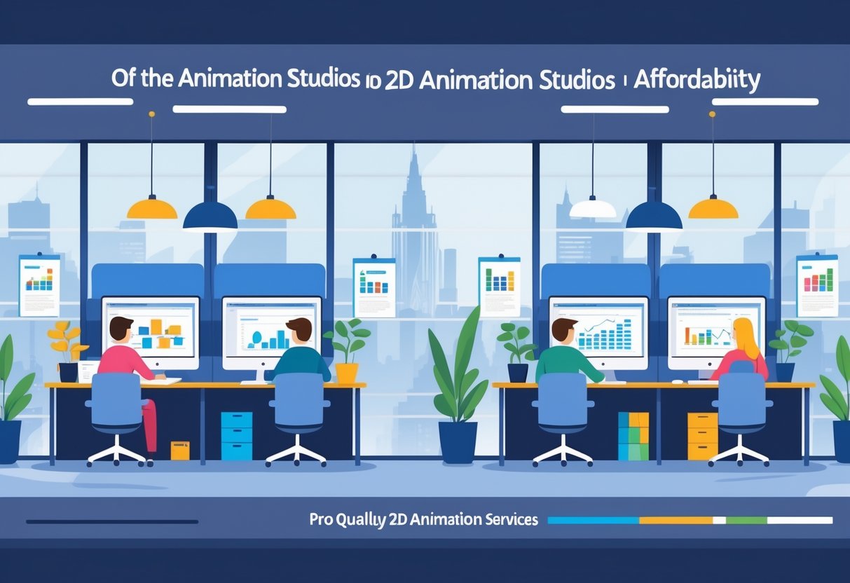 Two animation studios side by side with artists working on 2D animation projects in modern office settings with subtle UK elements visible.