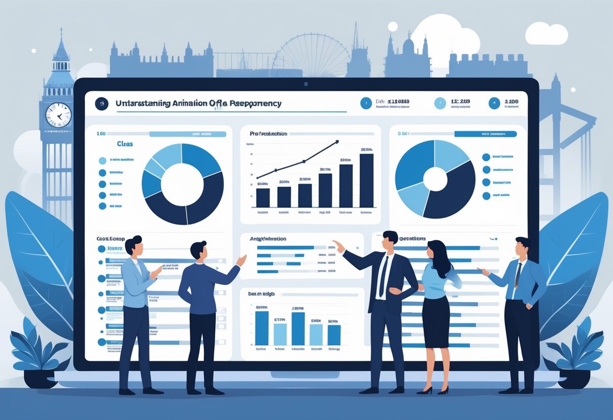 A group of professionals discussing a transparent digital screen showing a detailed breakdown of animation costs, with UK-themed elements in the background.