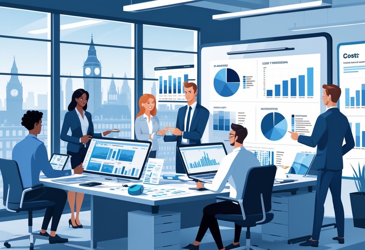 A team of professionals working together in an office with charts and digital devices showing animation project costs and budget plans.