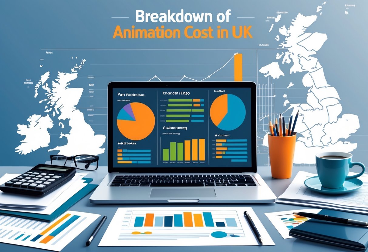 A desk with a laptop showing colourful charts and graphs breaking down animation costs, surrounded by office items, with a faint map of the UK in the background.