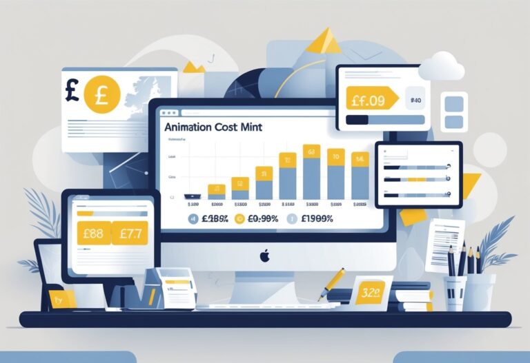 An office workspace with a computer showing animation timeline and cost charts, surrounded by UK map, British pound symbols, and animation tools.
