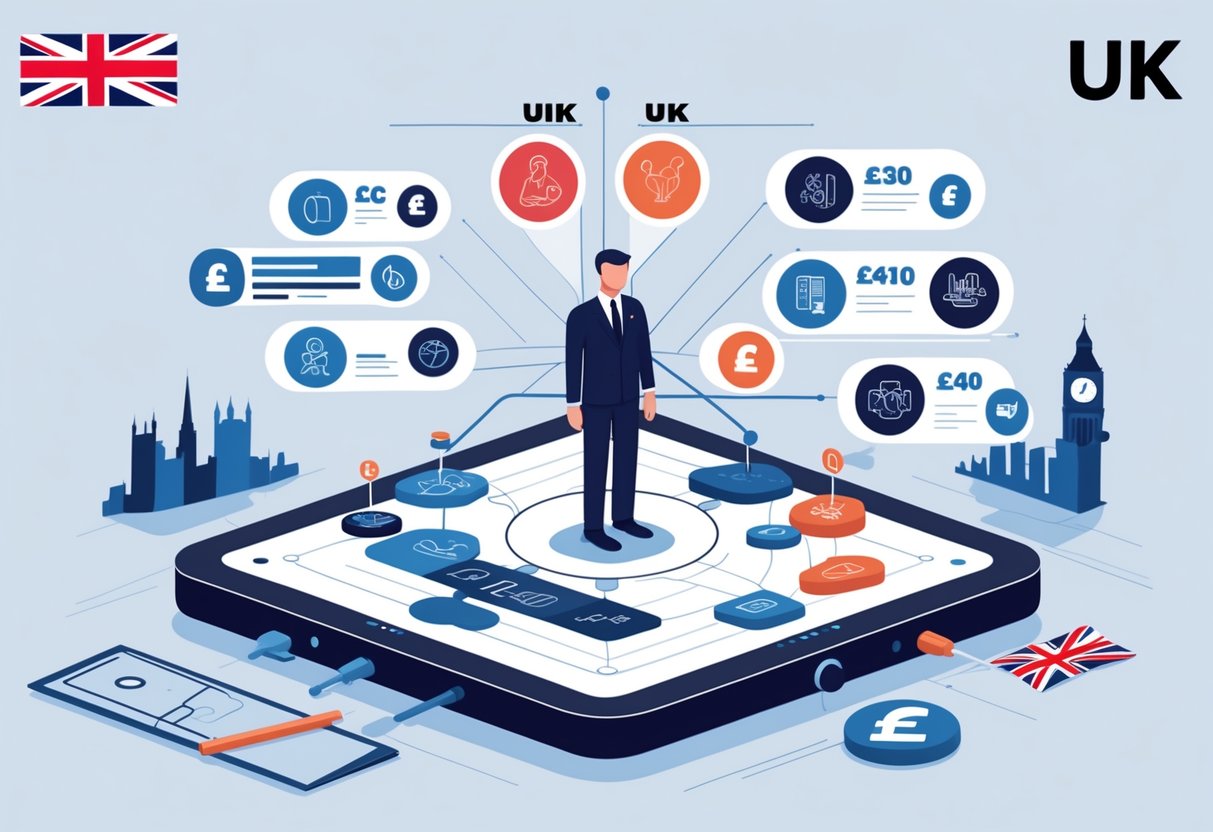 An infographic showing key factors that influence animation cost per minute in the UK, including icons for character design, background art, voice acting, animation complexity, and software, with UK-themed elements like the London skyline and pound currency symbols.