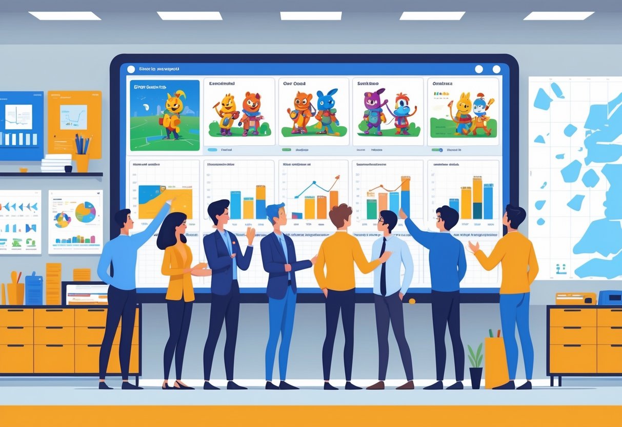 A group of professionals in an office analysing different animation styles displayed on a large screen, with charts and a UK map in the background.