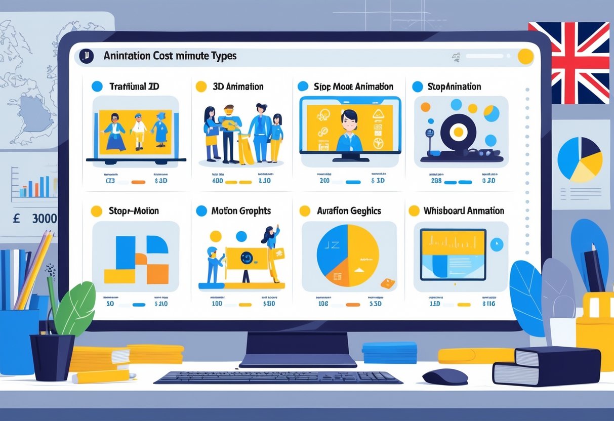 An organised workspace showing different types of animation styles with visual icons and charts indicating their costs, including traditional 2D, 3D, stop-motion, motion graphics, and whiteboard animation, with subtle UK-themed elements in the background.