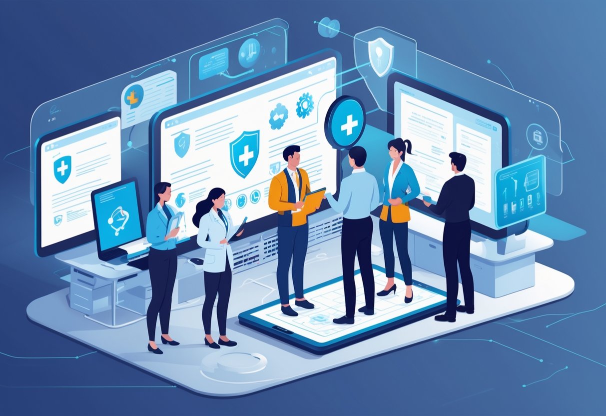 A group of healthcare professionals and regulatory experts reviewing digital displays with healthcare and legal icons in a modern office setting.