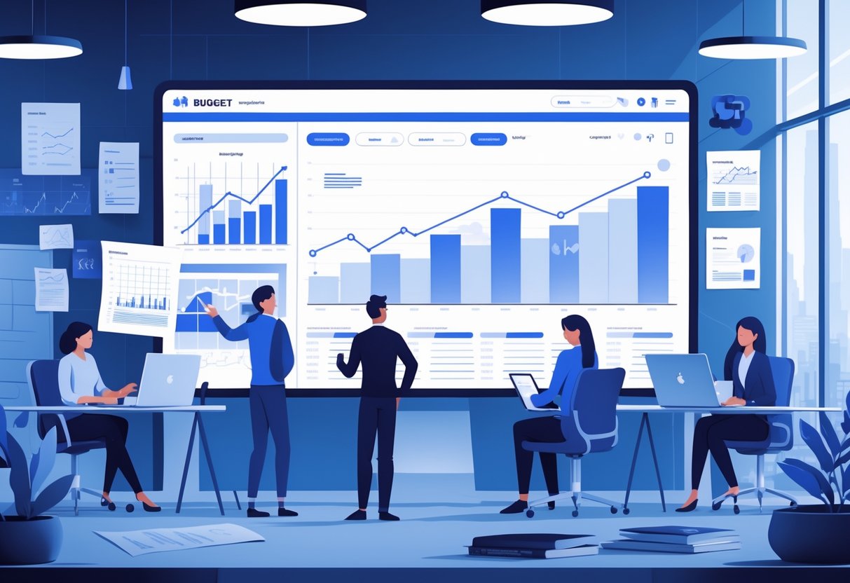 A team of creative professionals working together in an office with a digital screen showing animation timelines, budget charts, and revision notes, with a view of London outside the window.