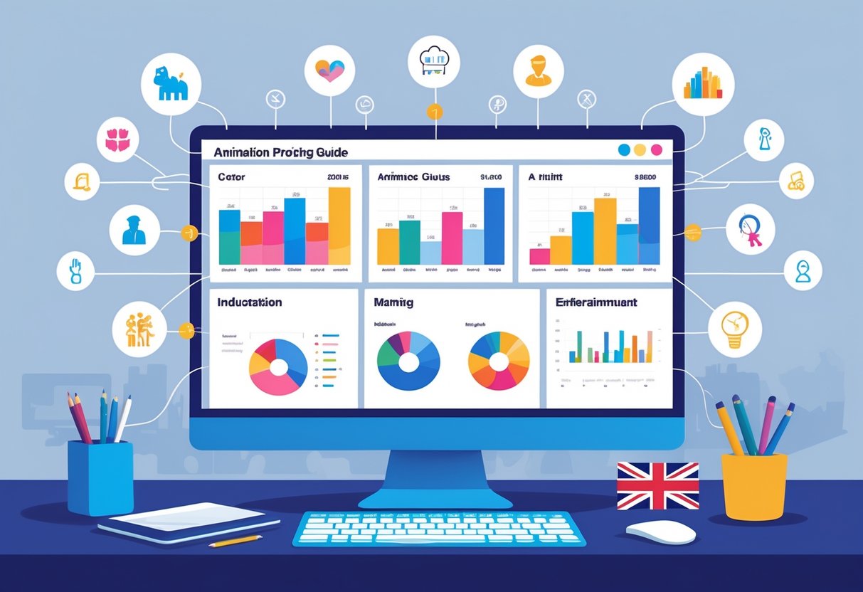 An office desk showing charts and industry icons related to animation pricing in the UK, with a map outline of the UK in the background.