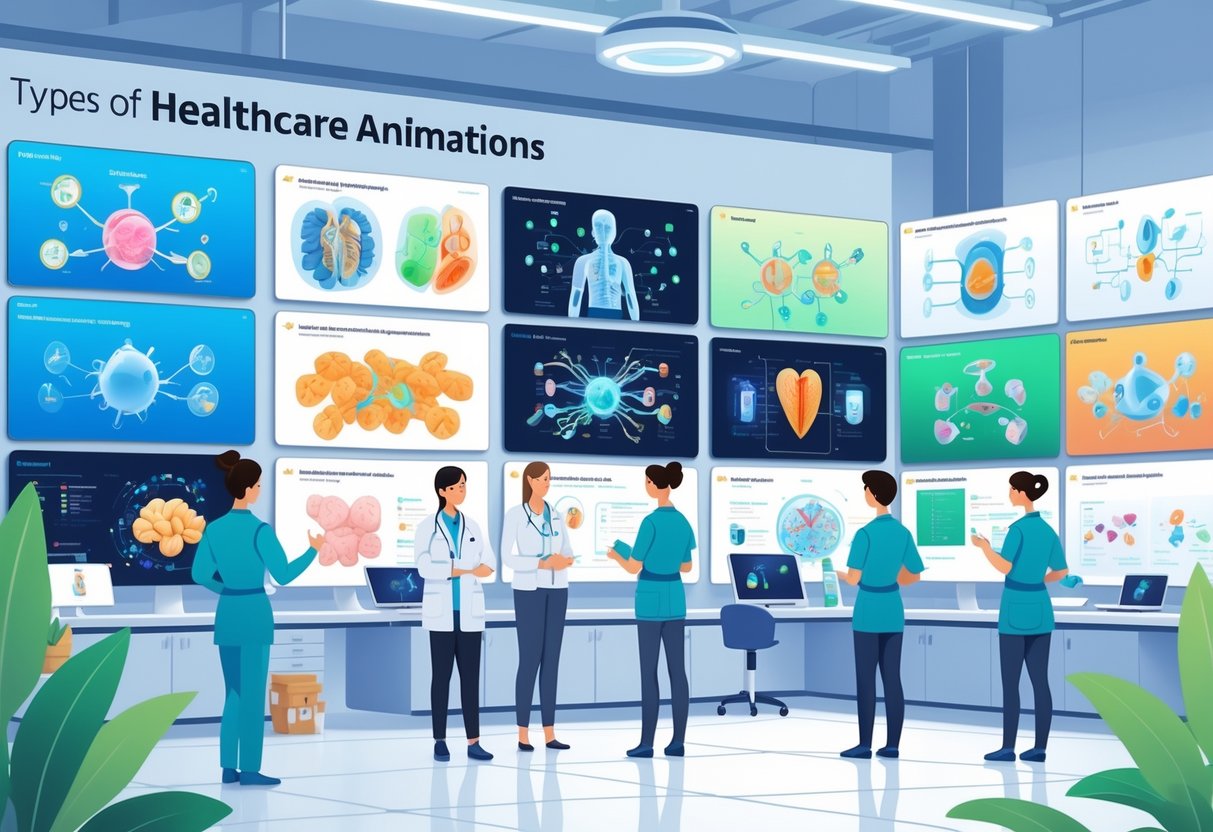 A medical environment showing multiple screens with different healthcare animations and professionals observing them.