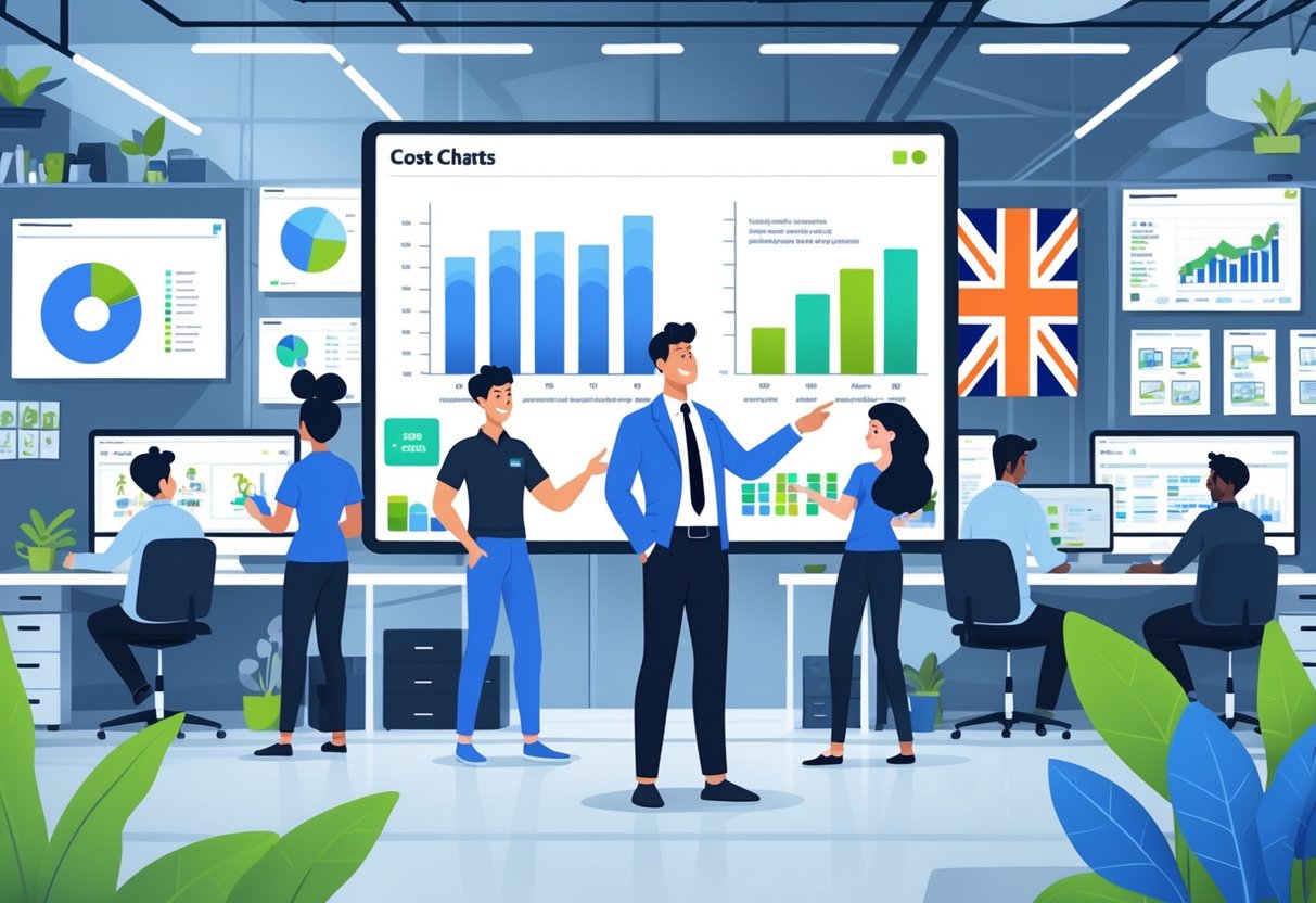 A team of animators and a project manager working together in an animation studio with screens showing animation frames and budget charts, representing saving on animation production costs in the UK.