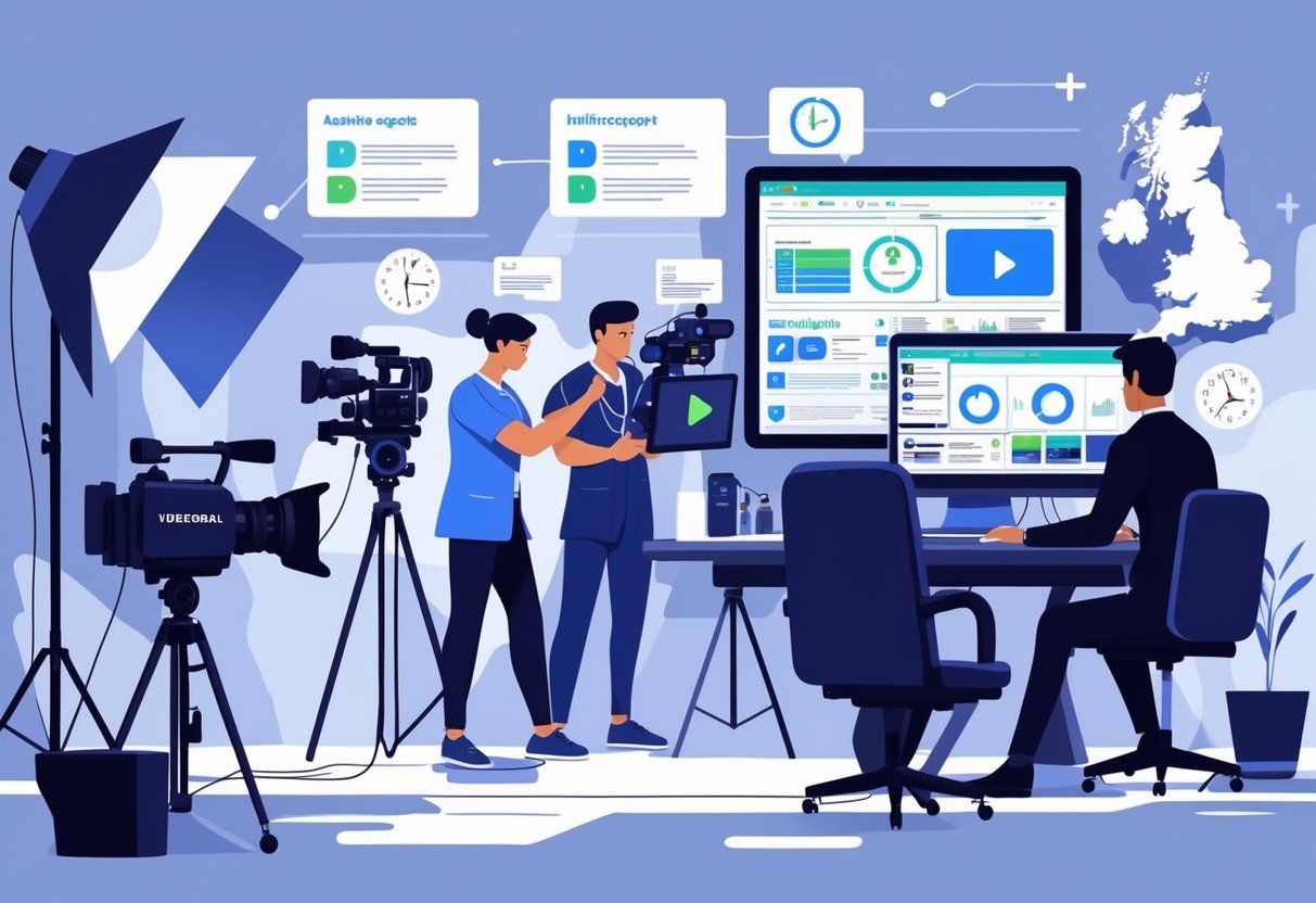 A healthcare video production team working with cameras and computers in a studio, showing collaboration and equipment used to create healthcare explainer videos in the UK.