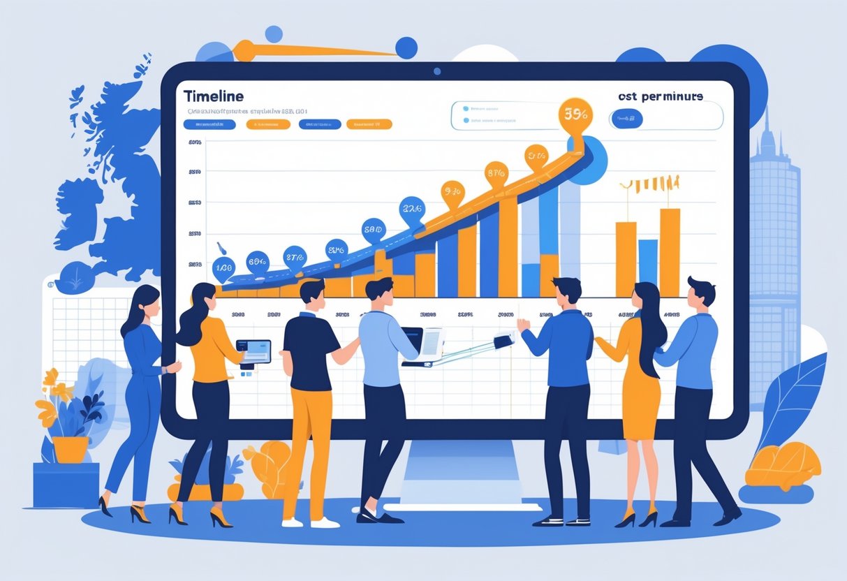 A team working together in an office with a digital timeline and cost charts showing animation project stages and pricing factors.