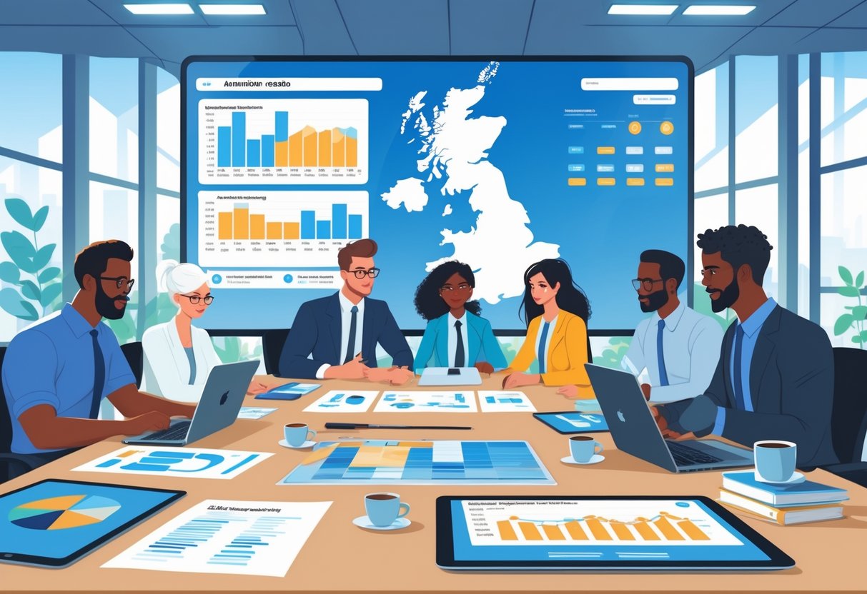 A group of professionals working together around a table with digital devices and charts, discussing animation studio options in the UK.