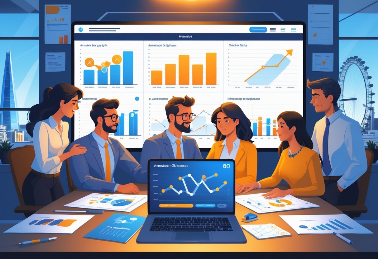 A group of professionals working together in an office with animation charts and storyboards, with a view of London landmarks in the background.