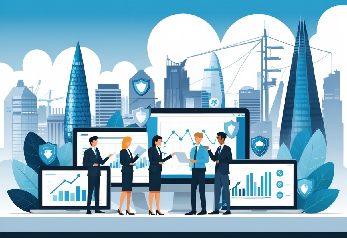 Business professionals collaborating with digital devices in front of a London cityscape featuring iconic buildings, surrounded by symbols of financial growth and security.